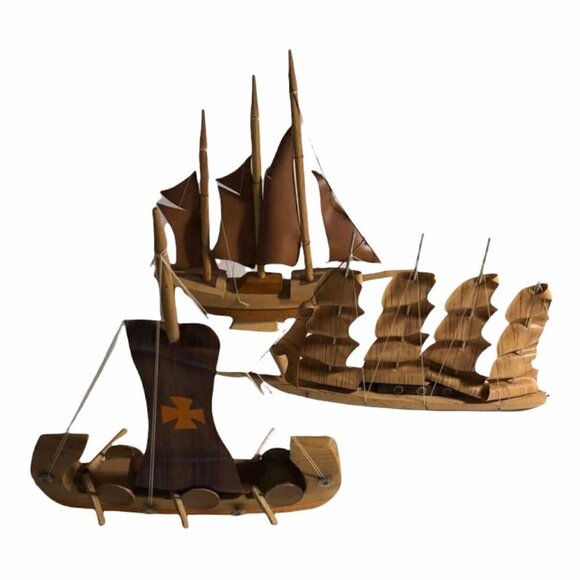 Lot of 3 Vintage Wooden Sailboat Viking Longship Model 6-9" Tall #3615-7 - Picture 1 of 7